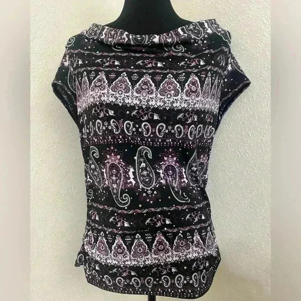 Dressbarn Women's Pullover Small Top Purple Black Paisley Cowl Neck NWOT Size L